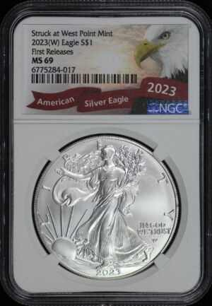 Obverse of this 2023-(W) Silver Eagle NGC MS-69 First Release Struck at West Point Mint