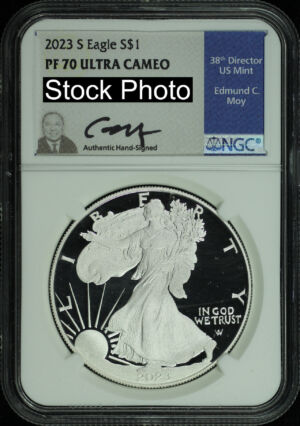 Obverse of this 2023-S Silver Eagle NGC PF-70 UC Edmund C. Moy Signature Label 