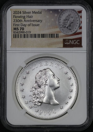 Obverse of this 2024 Silver Medal Flowing Hair 230th Anniversary First Day Of Issue NGC MS-70