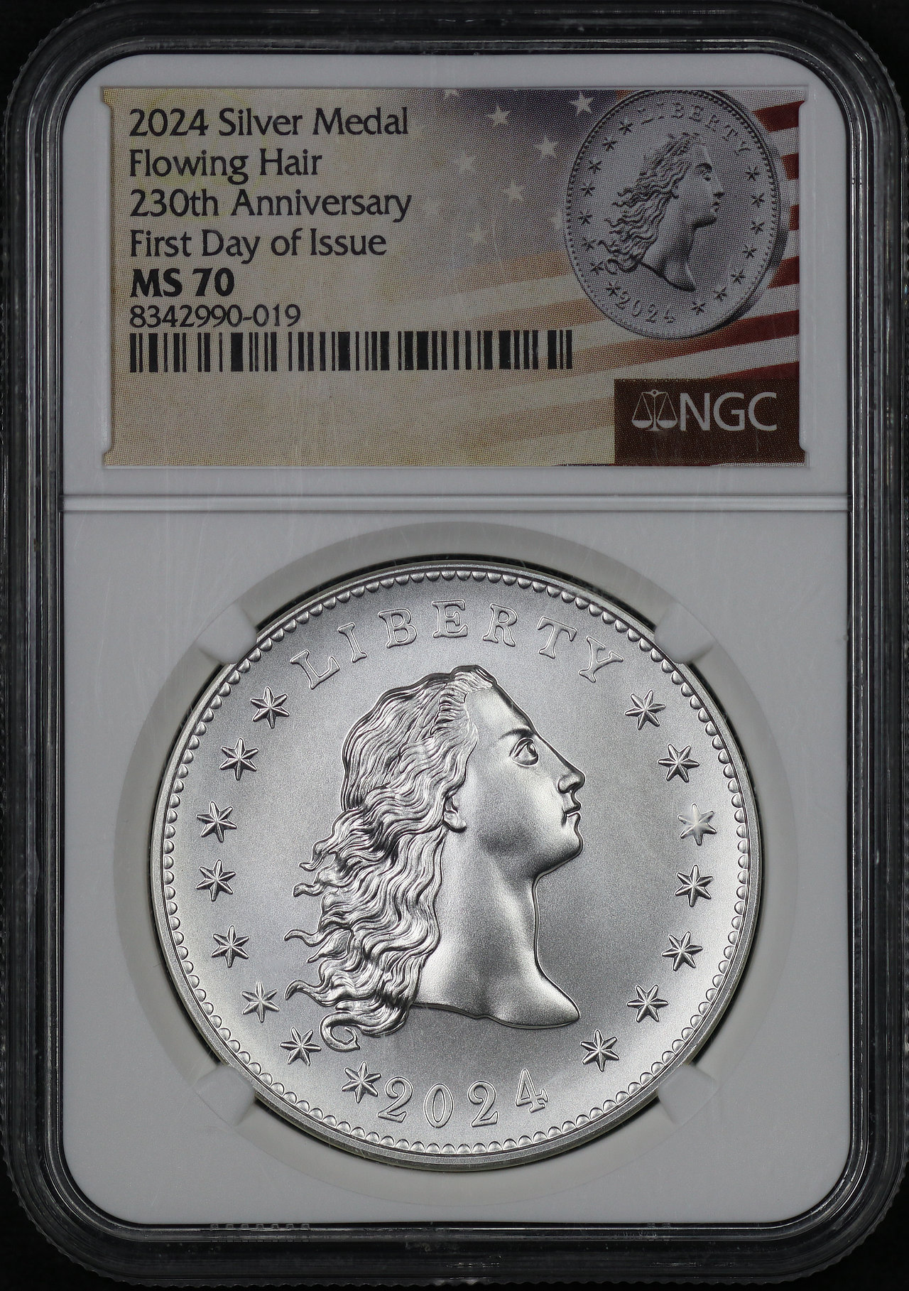 Obverse of this 2024 Silver Medal Flowing Hair 230th Anniversary First Day Of Issue NGC MS-70