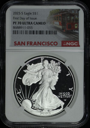 Obverse of this 2025-S Silver Eagle NGC PF-70 UC First Day of Issue