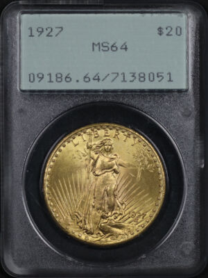 Obverse of this 1927 St. Gaudens $20 PCGS MS-64 Old Green Rattler Holder