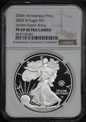 Obverse of this 2025-W Silver Eagle NGC PF-69 UC 250th Anniversary Privy United States Army