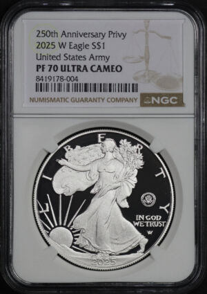 Obverse of this 2025-W Silver Eagle NGC PF-70 UC 250th Anniversary Privy United States Army