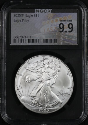 Obverse of this 2025-(P) Silver Privy Eagle NGC X Mint State 9.9 