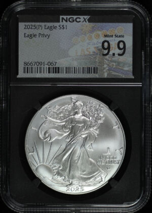 Obverse of this 2025-(P) Silver Privy Eagle NGC X BU 9.9 Black Core 