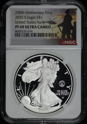 Obverse of this 2025-S Silver Eagle United States Navy 250th Anniversary Privy NGC PF-69 Ultra Cameo