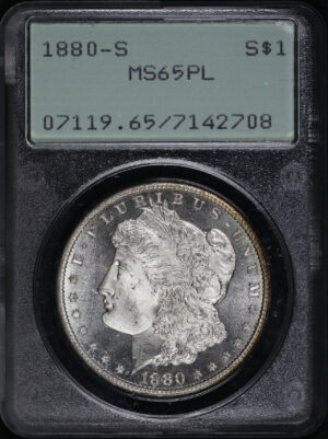 Obverse of this 1880-S Morgan Dollar PCGS MS-65 PL Old Green Rattler Holder