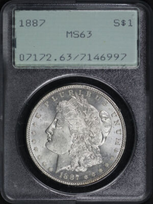 Obverse of this 1887 Morgan Dollar PCGS MS-63 Old Green Rattler Holder