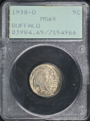 Obverse of this 1938-D Buffalo Nickel PCGS MS-65 Old Green Rattler Holder