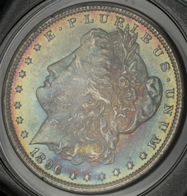 Gallery image of this 1896 Morgan Dollar PCGS MS-65 Old Green Rattle Holder, Blueberry & Fiery Sunset Hue Envelope Toning