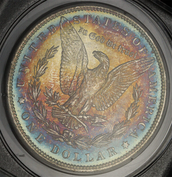 Gallery image of this 1896 Morgan Dollar PCGS MS-65 Old Green Rattle Holder, Blueberry & Fiery Sunset Hue Envelope Toning