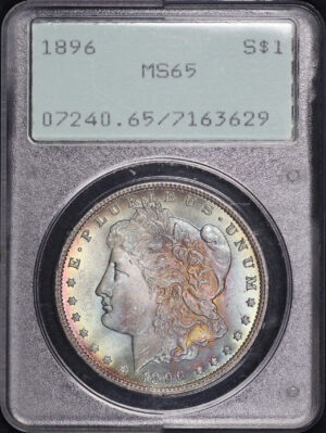 Obverse of this 1896 Morgan Dollar PCGS MS-65 Old Green Rattle Holder, Blueberry & Fiery Sunset Hue Envelope Toning