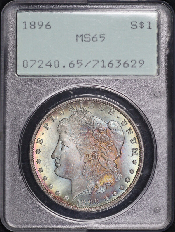 Obverse of this 1896 Morgan Dollar PCGS MS-65 Old Green Rattle Holder, Blueberry & Fiery Sunset Hue Envelope Toning