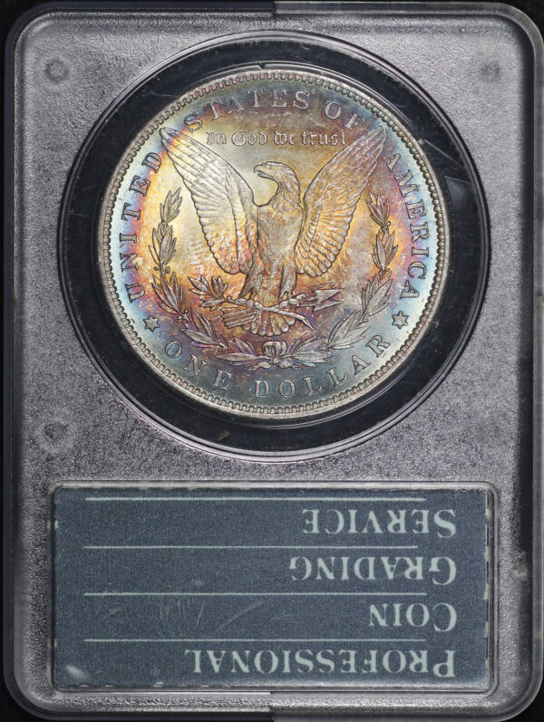 Reverse of this 1896 Morgan Dollar PCGS MS-65 Old Green Rattle Holder, Blueberry & Fiery Sunset Hue Envelope Toning