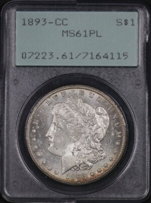 Obverse of this 1893-CC Morgan Dollar PCGS MS-61 PL Old Green Holder