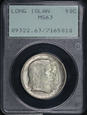 Obverse of this 1936 50C Long Island Silver Commemorative PCGS MS-63 Old Green Rattler