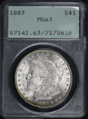 Obverse of this 1883 Morgan Dollar PCGS MS-63 Old Green Rattler Holder