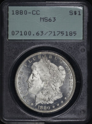 Obverse of this 1880-CC Morgan Dollar PCGS MS-63 Old Green Rattler Holder