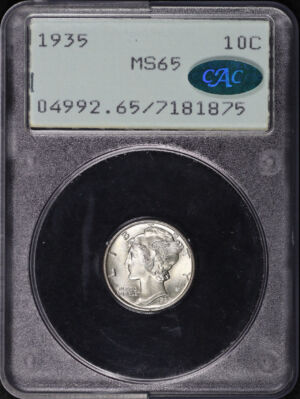 Obverse of this 1935 Mercury Dime PCGS MS-65 CAC Old Green Rattler Holder