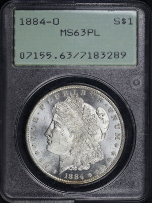 Obverse of this 1884-O Morgan Dollar PCGS MS-63 PL Old Green Rattler Holder