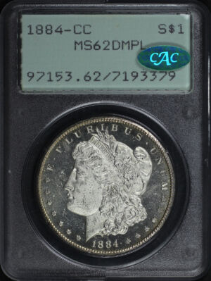 Obverse of this 1884-CC Morgan Dollar PCGS MS-62 DMPL CAC Old Green Rattler Holder