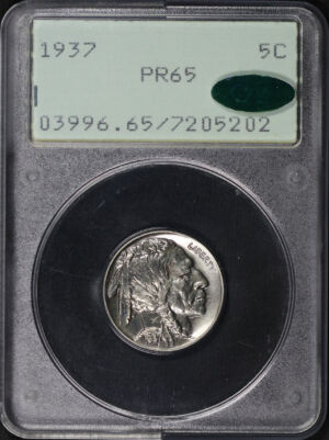 Obverse of this 1937 Buffalo Nickel PCGS PR-65 CAC Old Green Rattler Holder