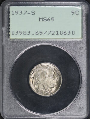 Obverse of this 1937-S Buffalo Nickel PCGS MS-65 Old Green Rattler Holder