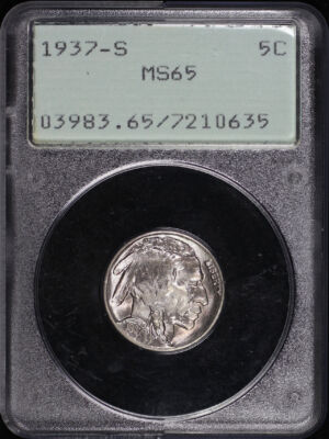 Obverse of this 1937-S Buffalo Nickel PCGS MS-65 Old Green Rattler Holder