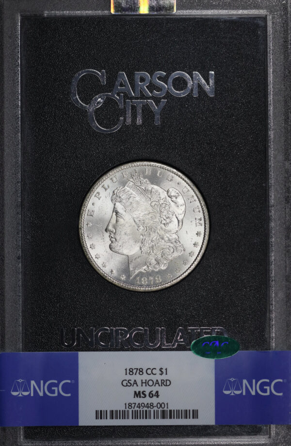 Obverse of this 1878-CC Morgan Dollar NGC MS-64 CAC GSA Hard Pack With Box