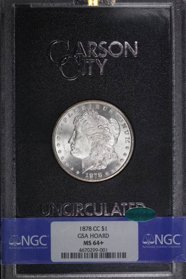 Obverse of this 1878-CC Morgan Dollar NGC MS-64+ CAC GSA Hard Pack With Box