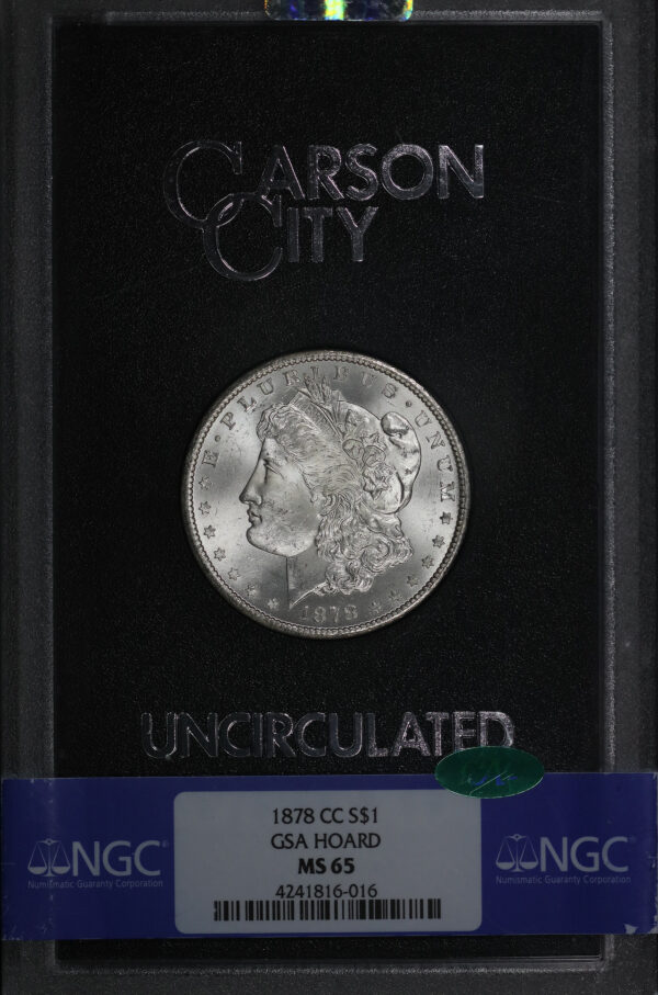 Obverse of this 1878-CC Morgan Dollar NGC MS-65 CAC GSA Hard Pack With Box
