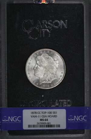 Obverse of this 1878-CC Top-100 Morgan Dollar VAM-11 NGC MS-64 GSA Hard Pack With Box