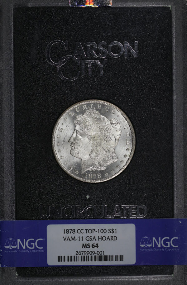 Obverse of this 1878-CC Top-100 Morgan Dollar VAM-11 NGC MS-64 GSA Hard Pack With Box