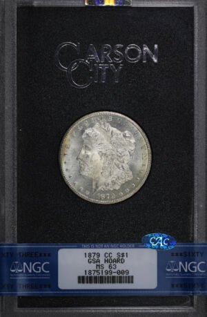 Obverse of this 1879-CC Morgan Dollar NGC MS-63 CAC GSA Hard Pack With Box Reverse Rainbow Toning