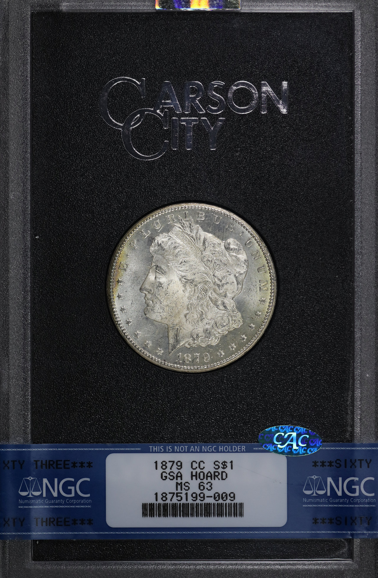 Obverse of this 1879-CC Morgan Dollar NGC MS-63 CAC GSA Hard Pack With Box Reverse Rainbow Toning