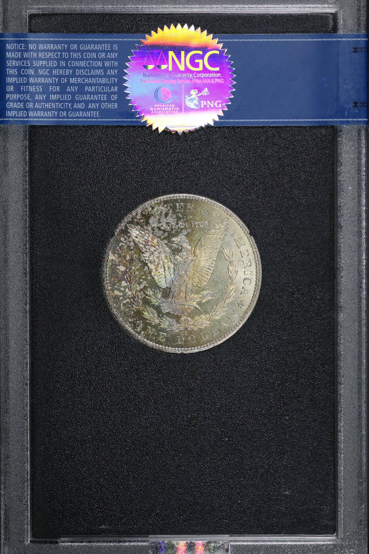 Reverse of this 1879-CC Morgan Dollar NGC MS-63 CAC GSA Hard Pack With Box Reverse Rainbow Toning