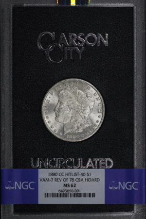 Obverse of this 1880-CC Hitlist-40 Morgan Dollar VAM-7 Reverse of 1878 NGC MS-62 GSA Hard Pack With Box 