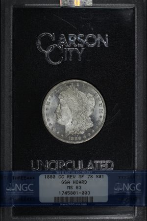 Obverse of this 1880-CC 8/7 Hitlist-40  Morgan Dollar VAM-7  Reverse of 1878 NGC MS-63 GSA Hard Pack With Box 