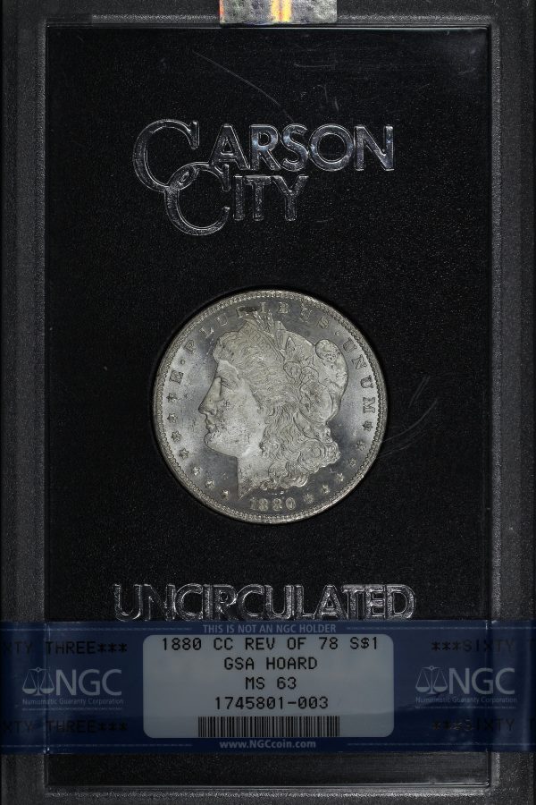 Obverse of this 1880-CC 8/7 Hitlist-40  Morgan Dollar VAM-7  Reverse of 1878 NGC MS-63 GSA Hard Pack With Box 
