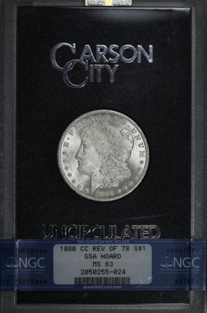 Obverse of this 1880-CC Hitlist-40 Morgan Dollar VAM-7 Reverse of 1878 NGC MS-63 GSA Hard Pack With Box