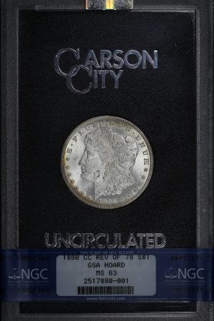 Obverse of this 1880-CC 8/7 Hitlist-40 Morgan Dollar VAM-7 Reverse of 1878 NGC MS-63 GSA Hard Pack With Box