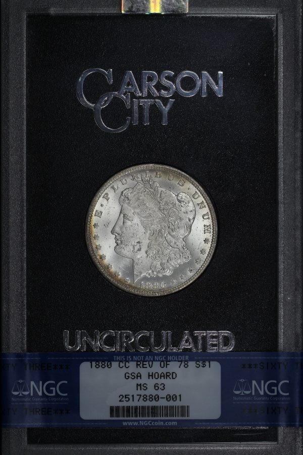 Obverse of this 1880-CC 8/7 Hitlist-40 Morgan Dollar VAM-7 Reverse of 1878 NGC MS-63 GSA Hard Pack With Box
