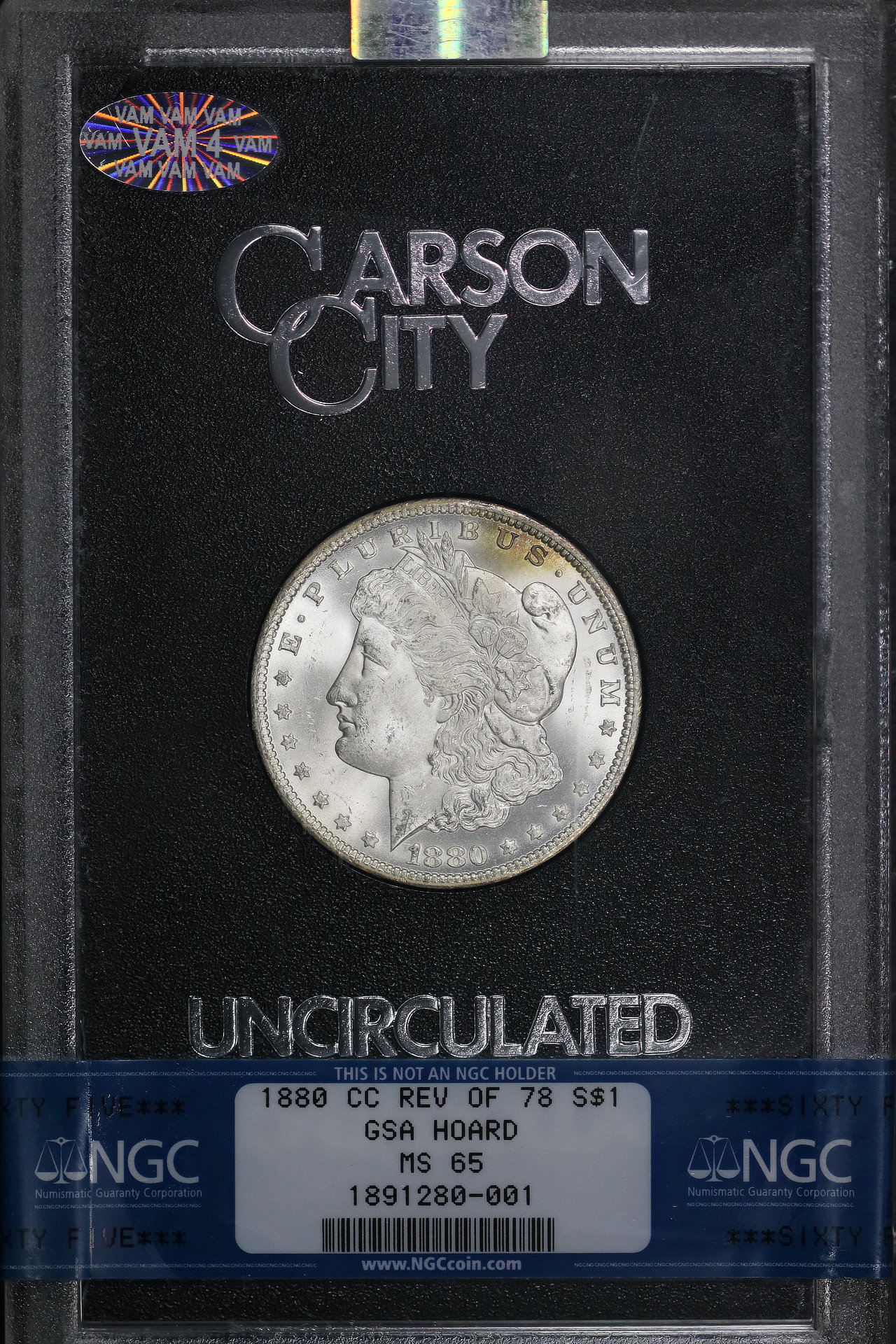 Obverse of this 1880-CC Morgan Dollar Reverse of 1878 GSA Hoard NGC MS-65 GSA Hard Pack With Box