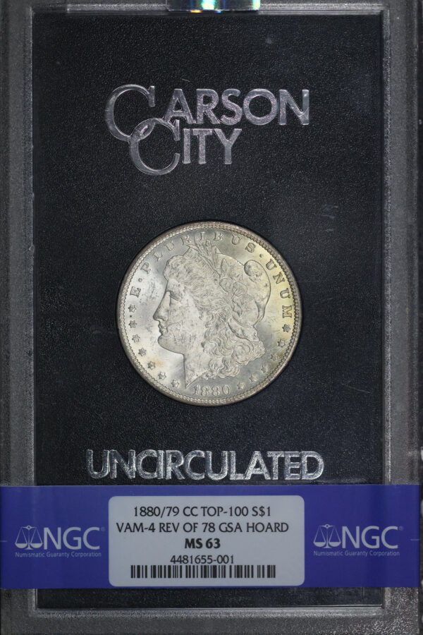 Obverse of this 1880/79-CC Top-100 Morgan Dollar VAM-4 Reverse of 1878 NGC MS-63 GSA Hard Pack With Box