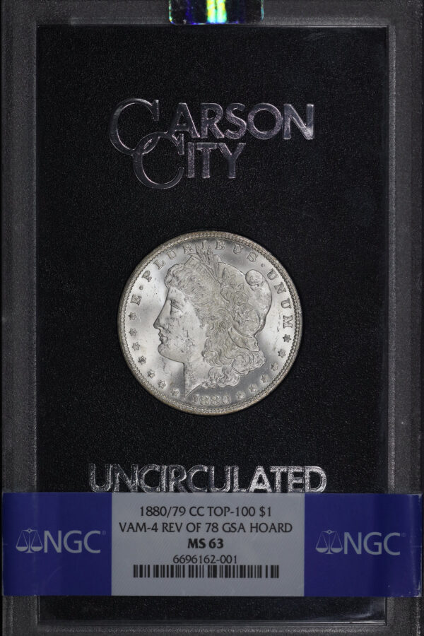 Obverse of this 1880/79-CC Top-100 Morgan Dollar VAM-4 Reverse of 1878 NGC MS-63 GSA Hard Pack With Box