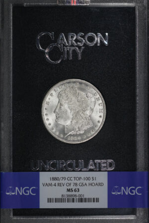Obverse of this 1880/79-CC Morgan Dollar Top-100 VAM-4 Reverse of 1878 NGC MS-63 GSA Hard Pack With Box
