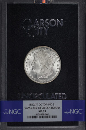 Obverse of this 1880/79-CC Morgan Dollar Top-100 VAM-4 Reverse of 1878 NGC MS-63 GSA Hard Pack With Box
