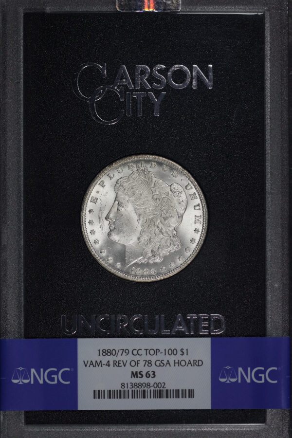 Obverse of this 1880/79-CC Morgan Dollar Top-100 VAM-4 Reverse of 1878 NGC MS-63 GSA Hard Pack With Box