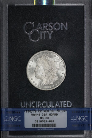 Obverse of this 1880/79-CC Top-100 VAM-4 Reverse of 1878 Morgan Dollar NGC MS-63 GSA Hard Pack With Box